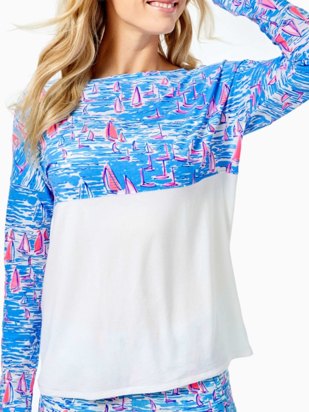 Lilly Pulitzer Blue and Pink Boat-Print Long Sleeve Top
